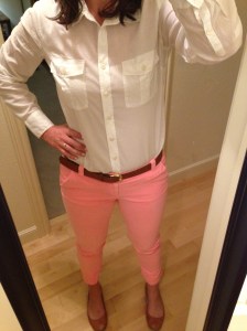 peach pants, white collared shirt