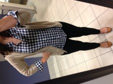 navy gingham shirt, tan cardigan, black jeans