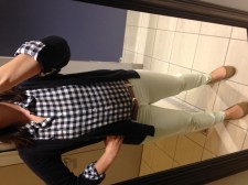 navy gingham shirt, navy cardigan, mint jeans