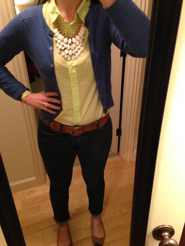 blue cardigan, lime green gingham button down, jeans, statement necklace
