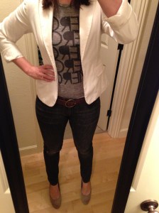 jeans, graphic tee, white blazer, nude heels