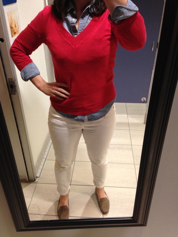 Pink sweater, chambray shirt, white jeans