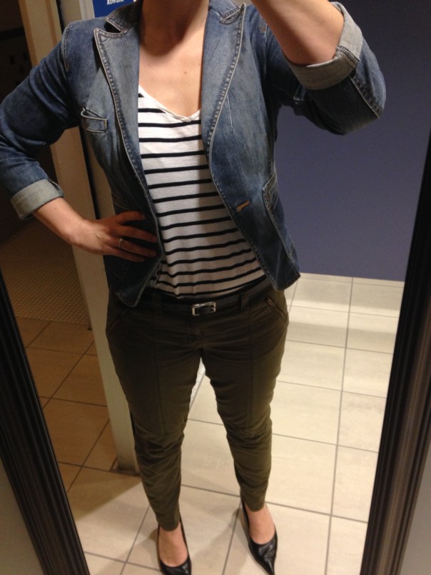 Olive jeans, jean blazer, striped tee, black heels