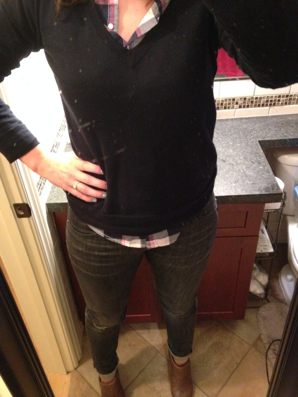 Navy sweater, navy and pink plaid, ripped jeans, brown booties