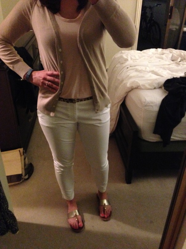 Tan cardigan, pink tank, white jeans, leopard print belt, sandals