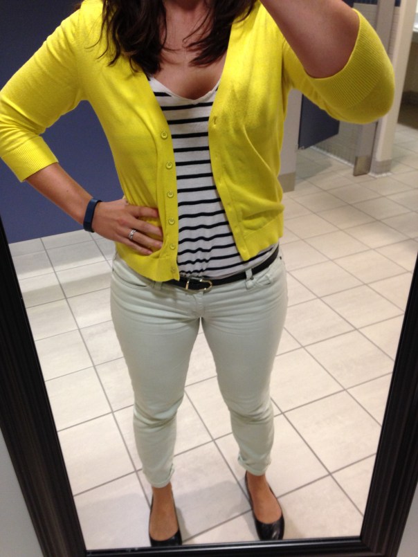 Yellow cardigan, striped tee, mint jeans, black flats