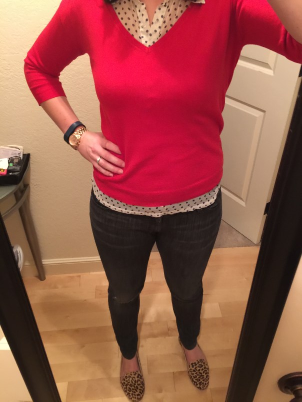 Red sweater, navy polka top top, ripped jeans, leopard print flats