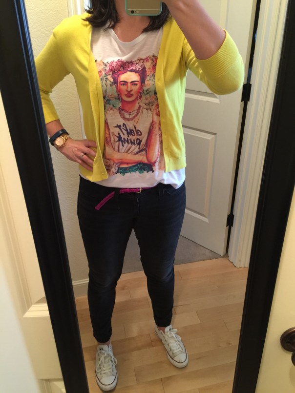 Yellow cardigan, Frida Daft Punk silk screen tee, fuchsia belt, black jeans, white Converse