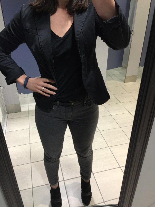 Black blazer, black tee, gray jeans, black booties