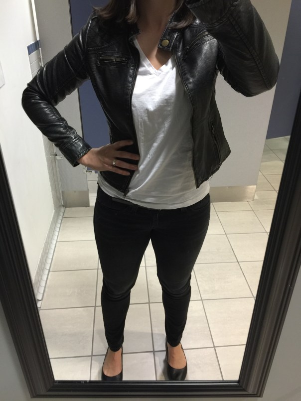 Black leather jacket, white tee, black jeans, black flats