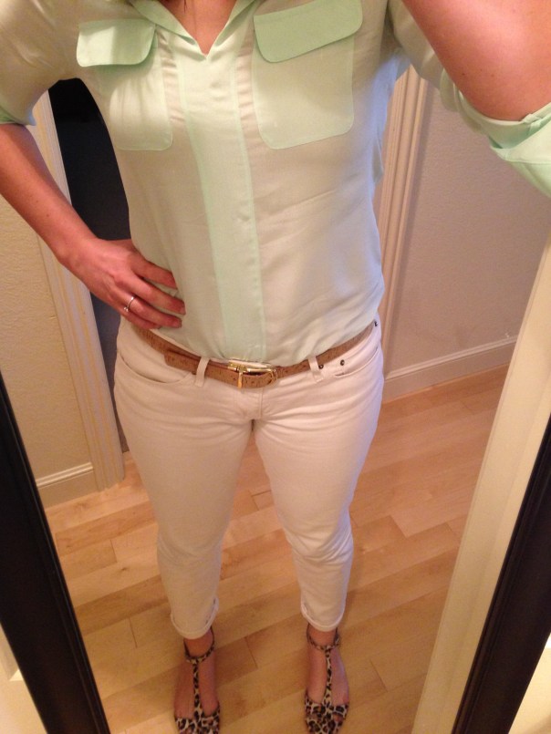 Mint blouse, white jeans, leopard print flats